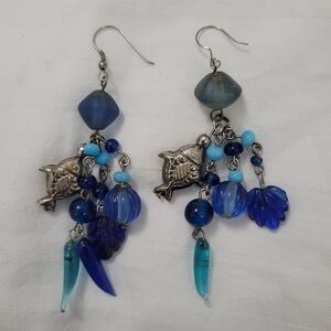 Artisan Blue Glass Fish Silver Toned Earrings Handmade Mermaidcore